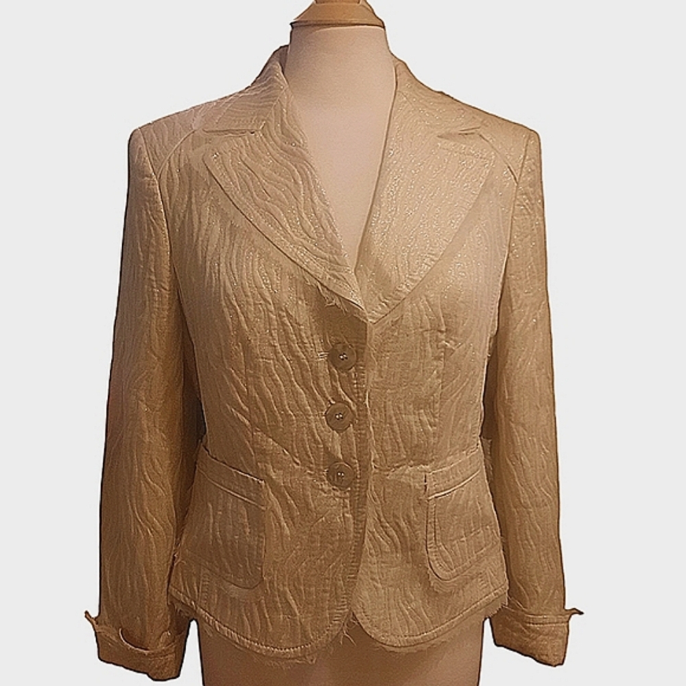 APRIORI By ESCADA Cream/Gold Cotton Blend Brocade Silk Trim Blazer Sz 10